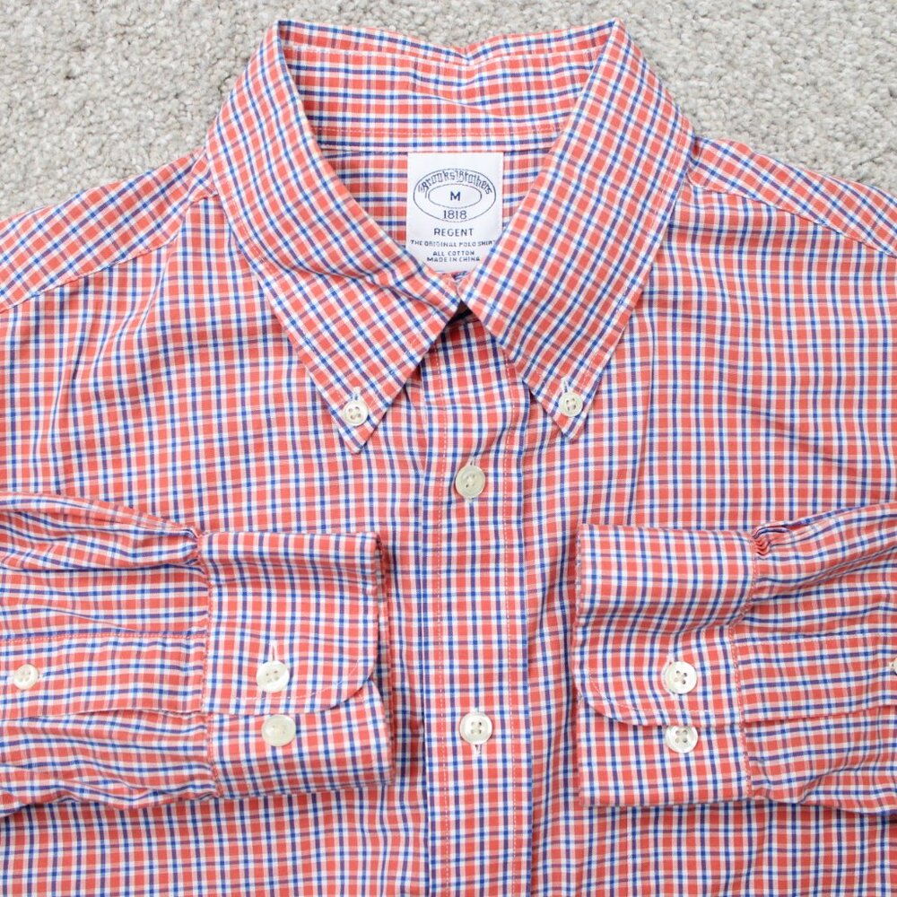 Brooks Brothers Shirt Mens Medium Regent Orange/Blue Cotton Long Sleeve‎ Button